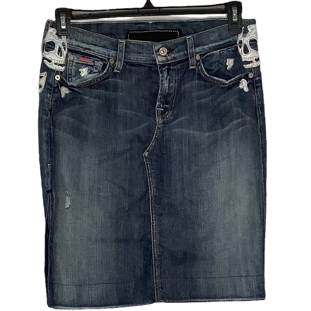 7 for all Mankind RARE Skull Patch Denim Blue Jean Pencil Skirt